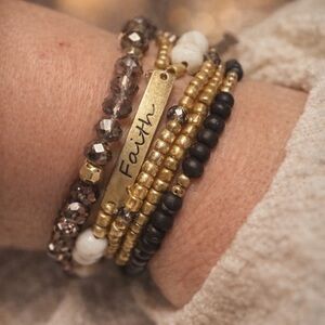 Pomina Gold & Black 'Faith' Beaded Stretch Bracelet Stack - Unbranded